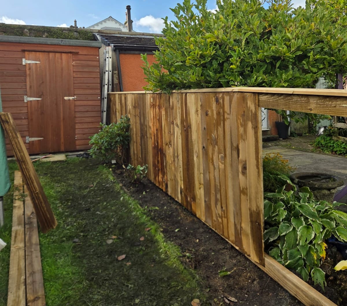 Part built featheredge fence showing the capping rail and open frame beside a garden border